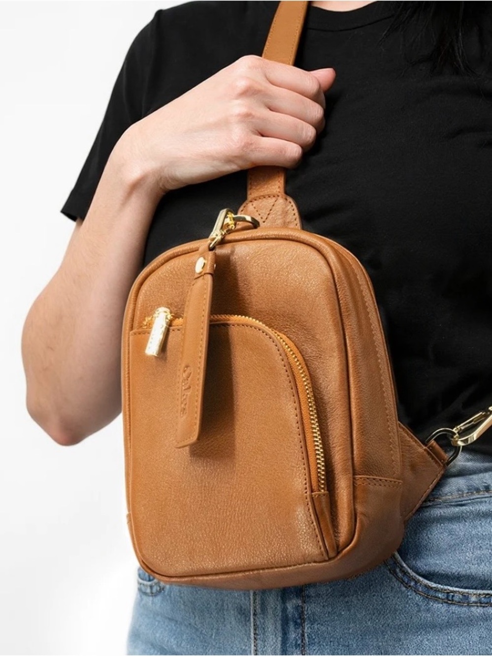 Women's Tan Leather Crossbody Sling Bag with Gold Hardware